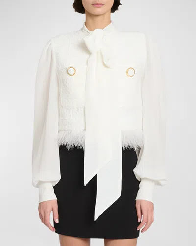 Balmain Pussy-bow Feather-trimmed Silk And Metallic Cotton-blend Tweed Jacket In White