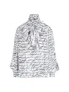 Balmain Love Letter Print Silk Blouse With Bow In Blancnoir