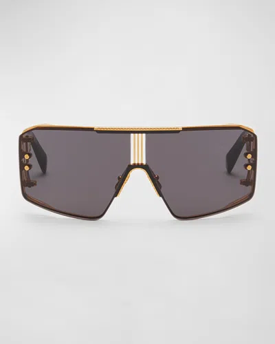 Balmain Le Masque Black Titanium & Acetate Shield Sunglasses In Gold Black
