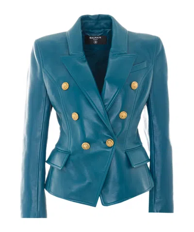 Balmain Leather 6-button Jacket In Blue