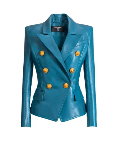 Balmain Testa Di Leone Double Breasted Blazer Jacket In Blue