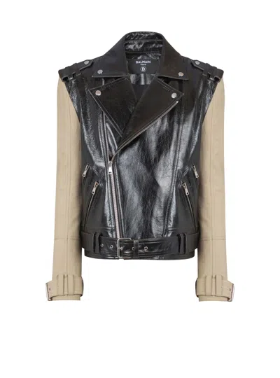 Balmain Leather And Cotton Biker Jacket In Black