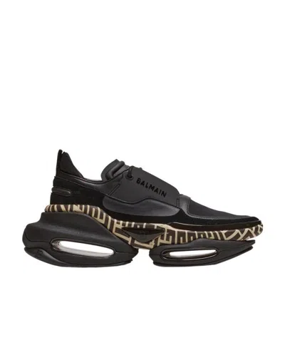 Balmain Leather And Suede B-bold Low-top Trainers With Monogram Print In Brown