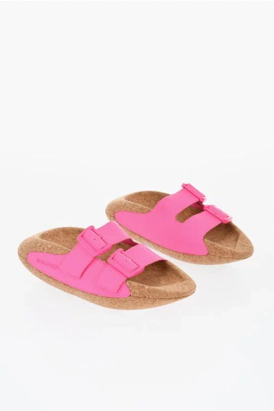 Balmain Leather B-it Sandals With Double Buckle And Cork Chunky Sole In Pink
