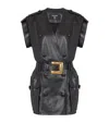 Balmain Lambskin Leather Short Belted Dress In Black