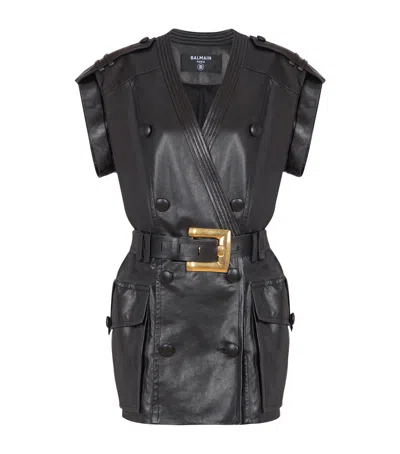 BALMAIN LEATHER BELTED MINI DRESS