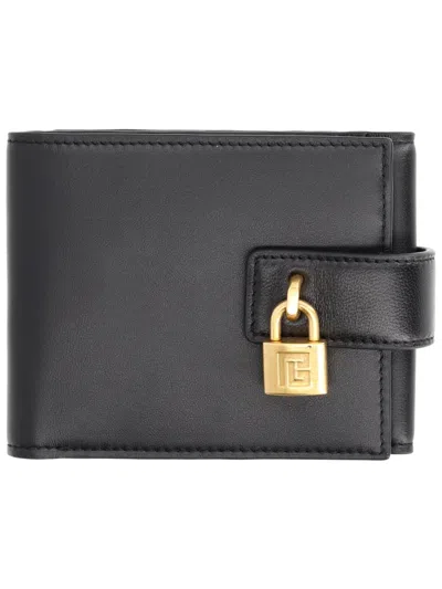 Balmain Leather Bi-fold Wallet With Padlock Closure In Black
