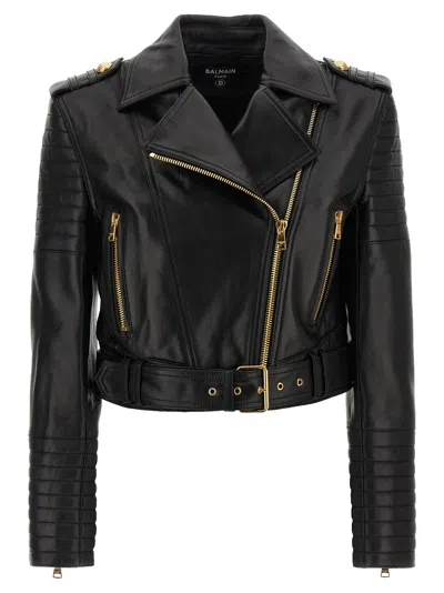 Balmain Leather Biker Crop Jacket In Black