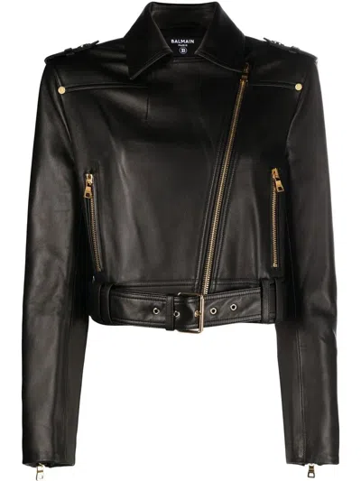 Balmain Cropped Leather Biker Jacket In Black