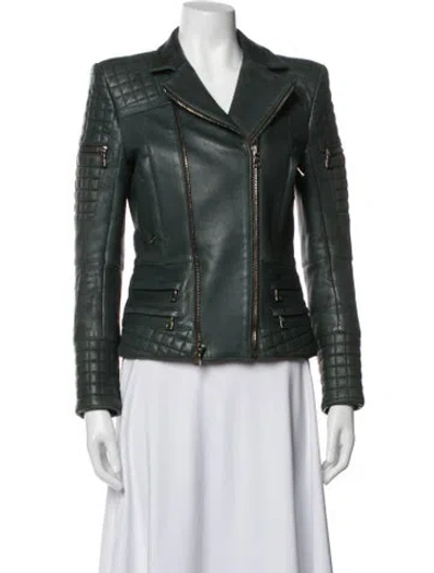 Pre-owned Balmain Leather Biker Jacket In Green