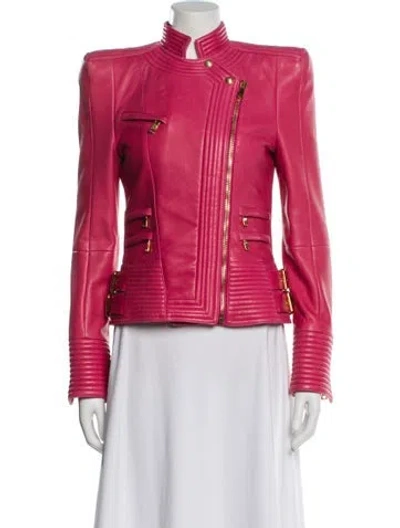 Pre-owned Balmain Leather Biker Jacket In Pink