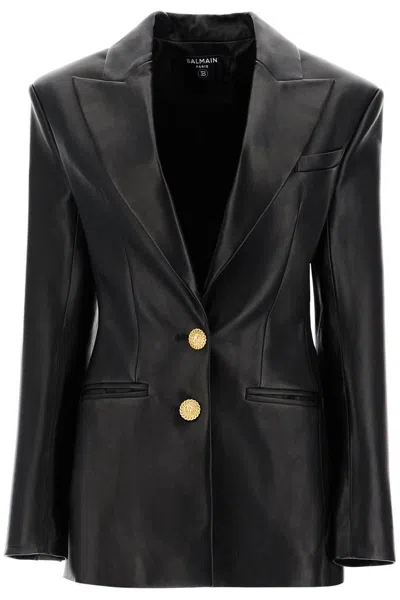 Balmain Leather Blazer Jacket In Nero