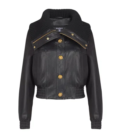 Balmain Leather Bomber Jacket In Black