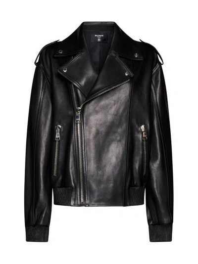 Balmain Leather Bomber Jacket In Black