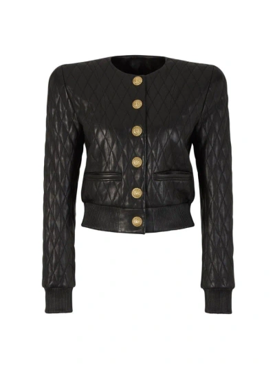 Balmain Leather Bomber Jacket In Negre