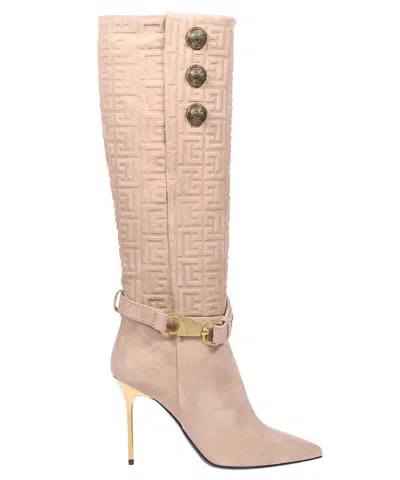 Balmain Leather Boots In Beige
