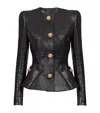 Balmain Paneled Embellished Leather Peplum Jacket In Black