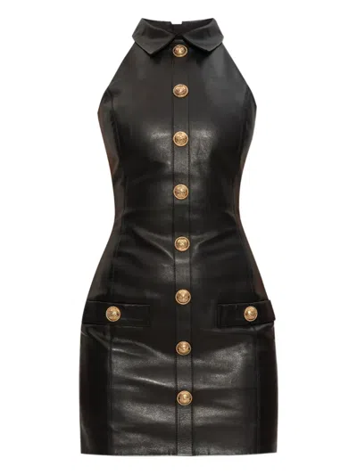 Balmain Leather Buttoned Mini Dress In Black