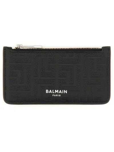 Balmain Monogram-embossed Leather Cardholder In Black