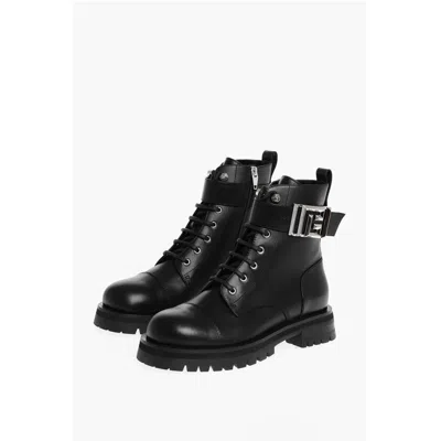 Balmain Leather Combat Booties With Ankle Strap And Logoed Men's Buckle