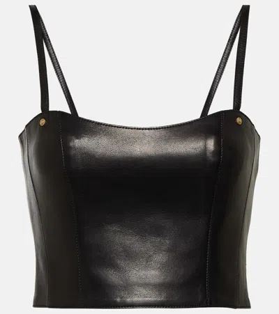 Balmain Cropped Embellished Leather Bustier Top In Black