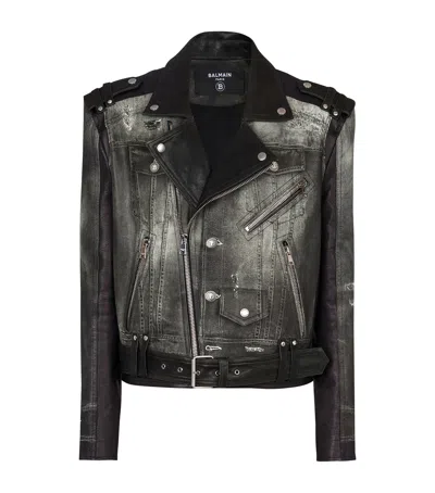 Balmain Leather Denim Print Biker Jacker In Black