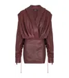 Balmain Hooded Draped Leather Mini Dress In Brown
