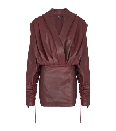Balmain Leather Hooded Mini Dress In Brown
