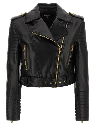 Balmain Cropped Leather Biker Jacket In Black
