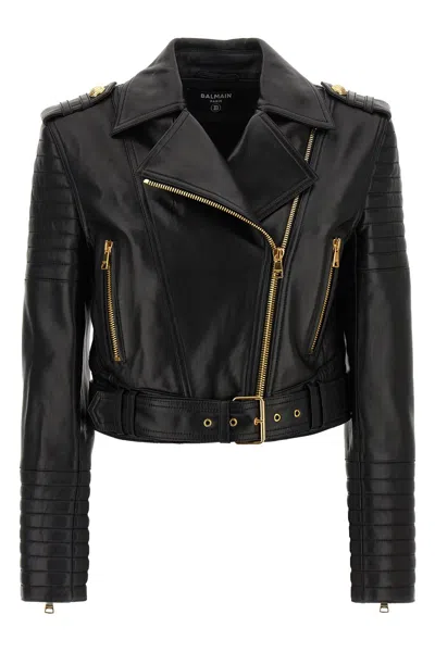 Balmain Cropped Leather Biker Jacket In Black