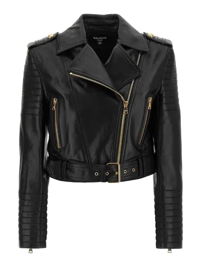 Balmain Cropped Leather Biker Jacket In Black