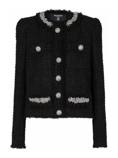 Balmain Embroidered Tweed Jacket In Black