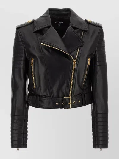 Balmain Leather Jacket Gold Tone Hardware Epaulettes In Black