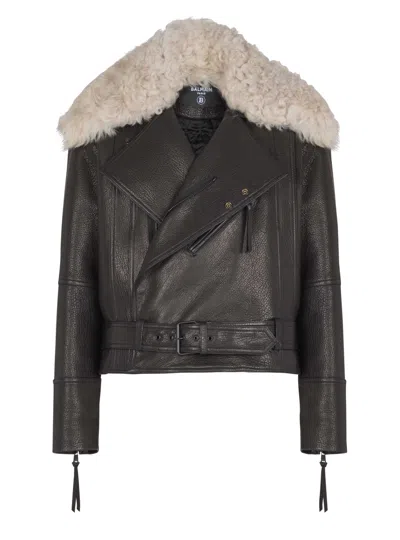 Balmain Leather Jacket With Shearling Collar In Black