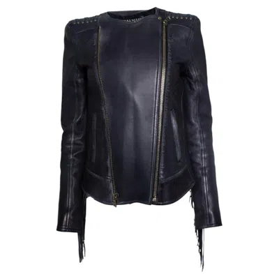 Pre-owned Balmain , Leather Laced Biker Jacket With Fringes In Black