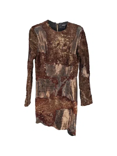 Pre-owned Balmain Leather Long-sleeve Mini Dress In Brown