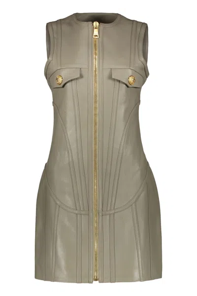 Balmain Leather Mini Dress In Khaki