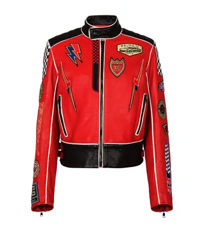 Balmain Logo-appliqué Leather Jacket In Red