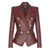 Balmain Double-breasted Lambskin Leather Blazer In Burgundy