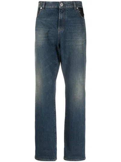 Balmain Leather-pocket Straight-leg Jeans In Blue