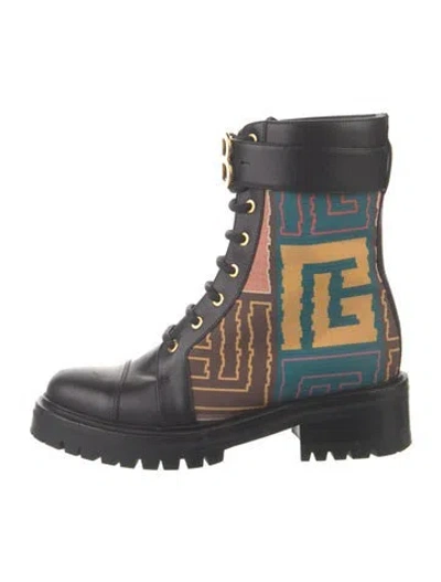 Pre-owned Balmain Leather Printed Combat Boots In Black
