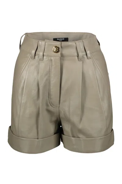 Balmain Leather Shorts In Khaki