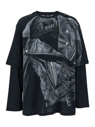 BALMAIN LEATHER TROMPE L'ŒIL LS T-SHIRT