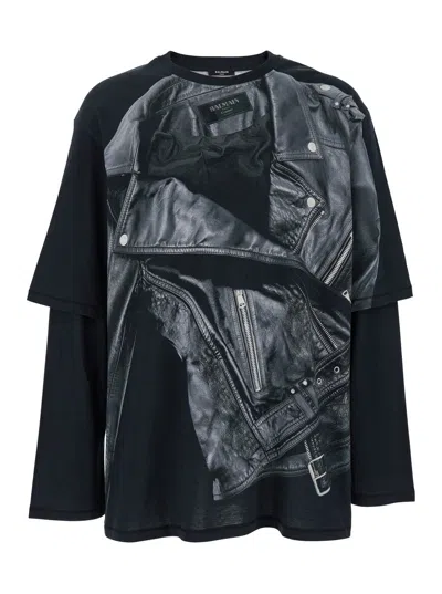 BALMAIN BALMAIN LEATHER TROMPE L'ŒIL LS T-SHIRT