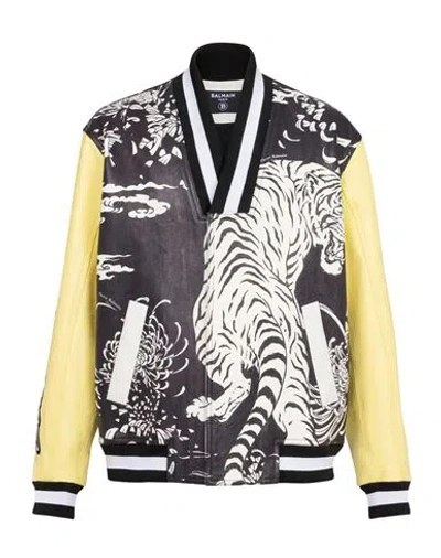 Balmain Leather Tiger Varsity Jacket In Multicolor