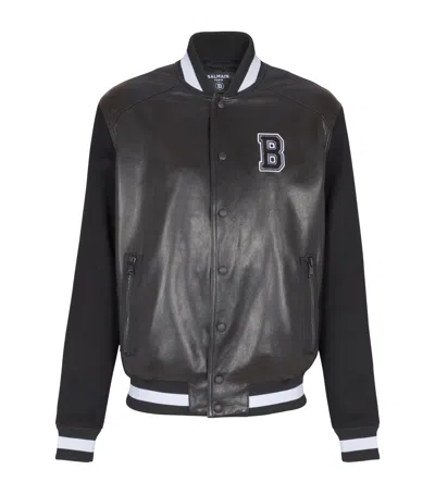 Balmain Varsity Leather Bomber Jacket In Black
