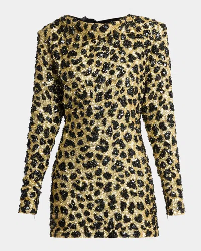 Balmain Leopard Embellished Bow-back Long-sleeve Mini Dress In Ead Noir/o