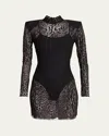 Balmain Leopard Lace Strong-shoulder Mini Dress In Black