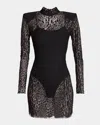 Balmain Leopard Lace Strong-shoulder Mini Dress In Black