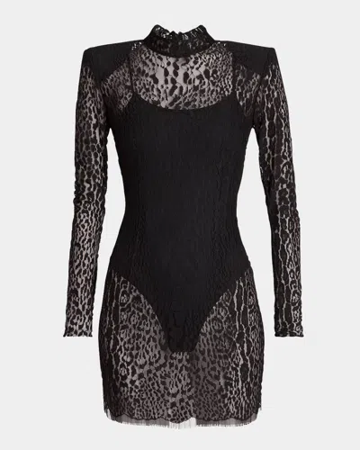 BALMAIN LEOPARD LACE STRONG-SHOULDER MINI DRESS